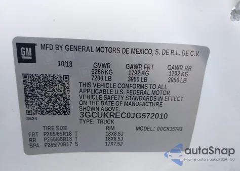 2018 Chevrolet Silverado 1500 2Lt from USA, damaged, VIN 3GCUKREC0JG572010